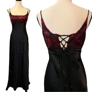 ❗️6HR SALE❗️ Vintage 90s Rampage Satin Velvet Burnout Corset Tie Goth Slip Dress